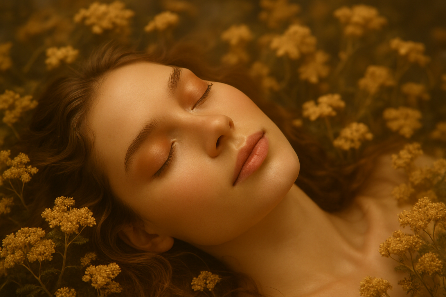 Close-up of a beautiful female model lying on the ground, surrounded by golden flowers, soft warm lighting, dreamy atmosphere, focus on her serene face, eyes closed, natural makeup, glowing skin, ethereal vibe, high-detail portrait